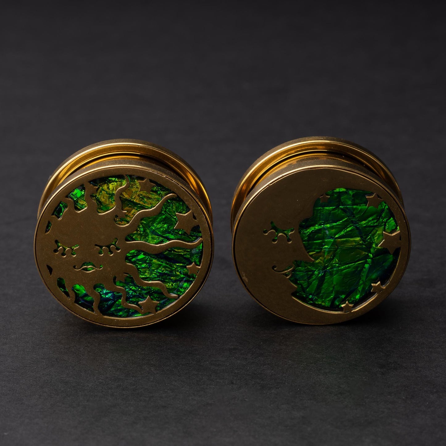 Pair of Sun and Moon Plugs for Gauges. Plugs and Tunnels, in 0G to 1" sizes. Jewelry for Stretched Ears.