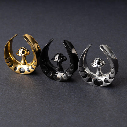 Pair of Mushroom Ear Tunnels, Saddle Ear Plugs in Gold, Silver, and Black. Ear Saddle Hangers For Stretched Ears, Gothic Plugs and Tunnels