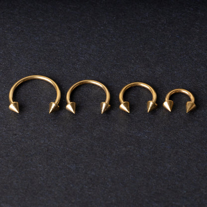 Gold Spiked Horseshoe G23 Titanium Septum Ring – 6mm, 8mm, 10mm or 12mm Hoop, 16G (1.2mm) Hinged Segment for Nose, Conch, or Ear