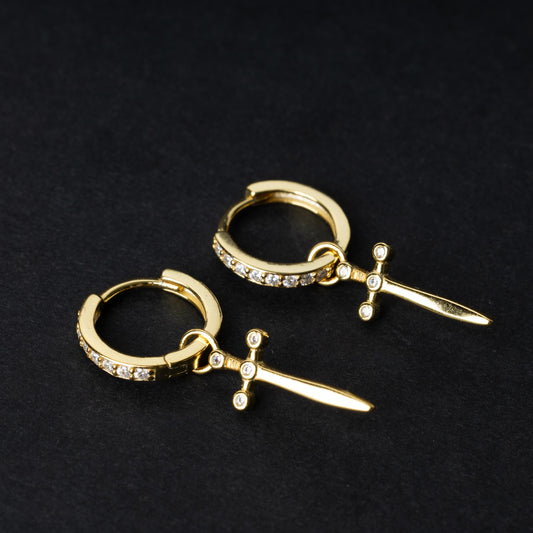 Pair of Gold Plated Jewelled 925 Sterling Silver Hoop Earrings with Sword, Oval Hoop Earrings, Chunky Hoop Earrings