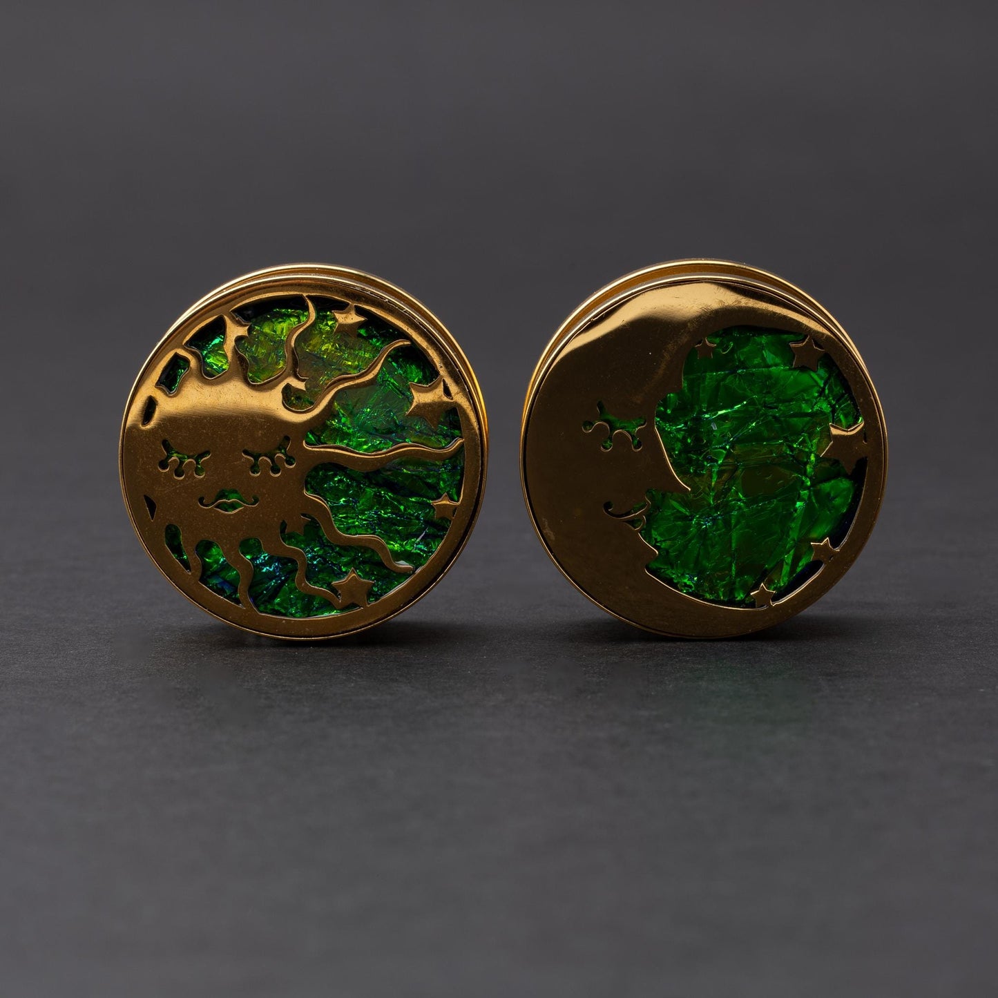 Pair of Sun and Moon Plugs for Gauges. Plugs and Tunnels, in 0G to 1" sizes. Jewelry for Stretched Ears.