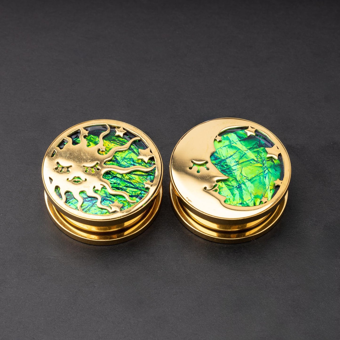 Pair of Sun and Moon Plugs for Gauges. Plugs and Tunnels, in 0G to 1" sizes. Jewelry for Stretched Ears.