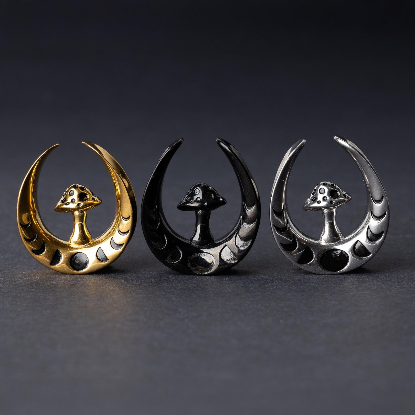 Pair of Mushroom Ear Tunnels, Saddle Ear Plugs in Gold, Silver, and Black. Ear Saddle Hangers For Stretched Ears, Gothic Plugs and Tunnels