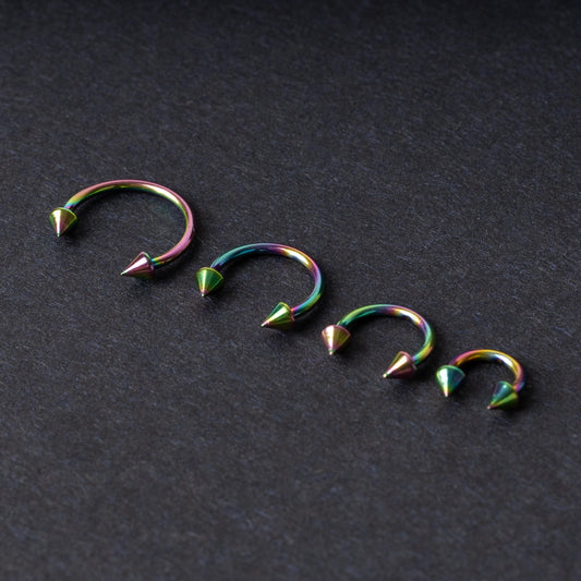 Rainbow Spiked Horseshoe G23 Titanium Septum Ring – 6mm, 8mm, 10mm or 12mm Hoop, 16G (1.2mm) Hinged Segment for Nose, Conch, or Ear