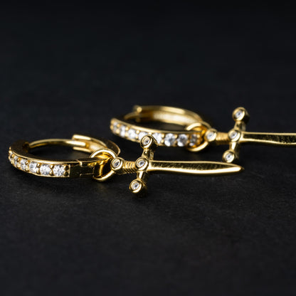 Pair of Gold Plated Jewelled 925 Sterling Silver Hoop Earrings with Sword, Oval Hoop Earrings, Chunky Hoop Earrings