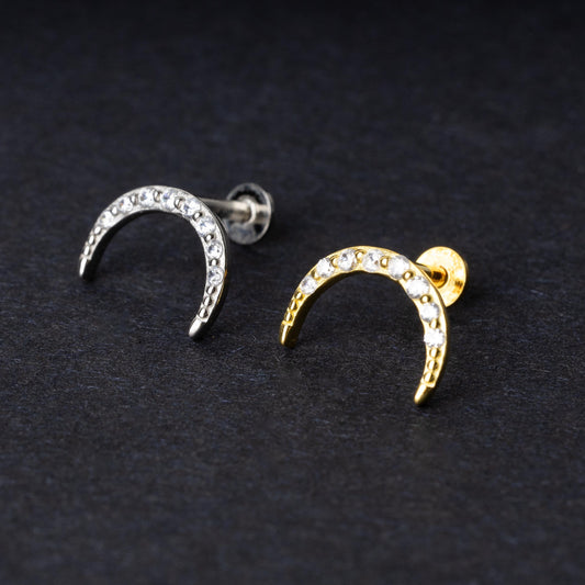 Sterling Silver Crescent Moon Flat Back Labret Bar in Gold and Silver. Dainty Earring, Celestial, Stud, Cartilage earring, Helix, Conch